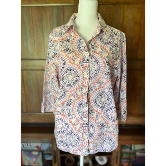Chico's Size 2 (Size 12) Button-Up Blouse w/ 3/4 Sleeves Mandala Pattern‎ - Picture 1 of 4